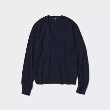 Джемпер Uniqlo женский из кашемира с v-образным вырезом, темно-синий