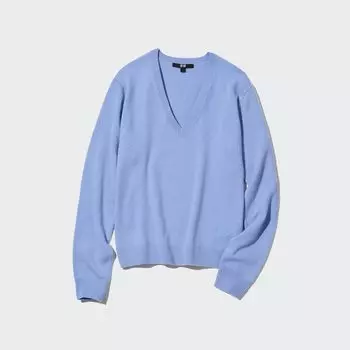 Джемпер Uniqlo женский из кашемира с v-образным вырезом мягкий, синий