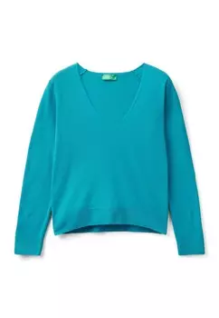 Джемпер V NECK WITH MINIMAL FINISHES RELAXED FIT RUBBED CUFFS AND HEM United Colors of Benetton, синий