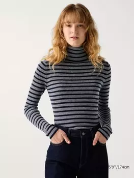 Джемпер-Водолазка в рубчик из мериноса в полоску Uniqlo, серый