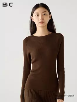 Джемпер в рубчик 3d-вязки из смеси мериноса Uniqlo, коричневый