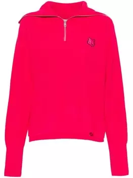 Джемпер в рубчик с крупной нашивкой в виде головы лисы на молнии до середины Maison Kitsun, розовый