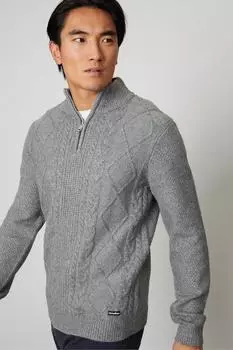 Джемпер вязанной вязки с молнией длиной в четверть 'Blyton' Threadbare, серый