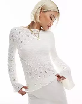 Джерси Miss Selfridge из смешанной фактуры с длинными рукавами и расклешенным кроем кремового цвета