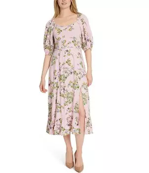 Джессика Симпсон Бриксли Платье-бюстье с принтом и рукавами до локтя, присборенной спиной, платье миди Jessica Simpson, цветочный