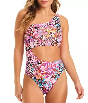 Джессика Симпсон French Exit Принт гепарда с вырезом и кольцом на одно плечо Цельный купальник Jessica Simpson, мультиколор