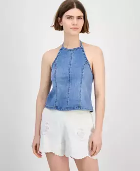 Джимовая блузка-топ с завышенной горловиной на бретелях и рельефными швами And Now This, синий