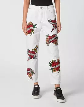 ДЖИНСОВЫЕ БРЮКИ MOM FIT LOVE CRYSTALS Philipp Plein, цвет Summer Snow