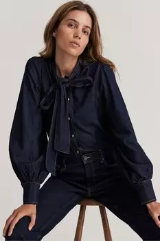 Джинсовая блузка из 100% хлопка с завязкой на шее Mint Velvet, синий