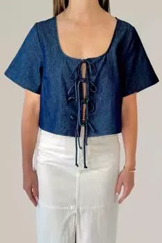 Джинсовая блузка с короткими рукавами и завязкой спереди, темного цвета nlt, цвет dark wash