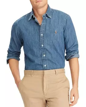 Джинсовая хлопковая рубашка на пуговицах с длинными рукавами Polo Ralph Lauren классического кроя, синий