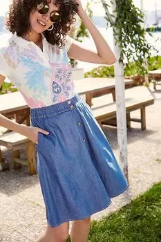 Джинсовая Юбка На Пуговицах с Эластичным Поясом 1837 Bigdart