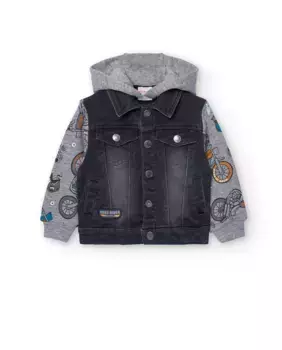 Джинсовая куртка для мальчика с капюшоном и декоративными рукавами Boboli, черный