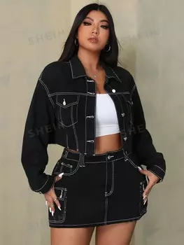 Джинсовая куртка EZwear, можно носить каждый сезон, свободный деним, широкие плечи, для женщин больших размеров Shein, черный