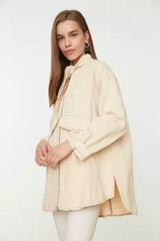 Джинсовая куртка из 100 % хлопка с завязочным воротником цвета экрю Trendyol