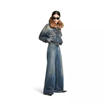 Джинсовая куртка из воротника Faux-fur в темно-синей хлопковой джинсовой ткани BALENCIAGA, темно-синий
