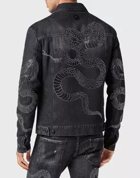 Джинсовая куртка на молнии со змеиным рисунком Philipp Plein, цвет Full Metal