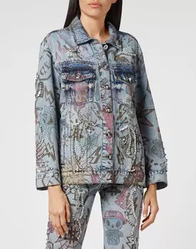 Джинсовая куртка Oversize Тату Монограмма с кристаллами Philipp Plein, синий