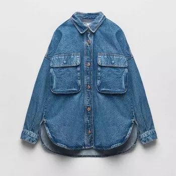 Джинсовая куртка-рубашка Zara Patch Pockets, выцветший синий
