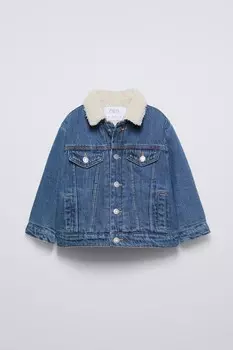 Джинсовая куртка с искусственной овчиной ZARA, синий