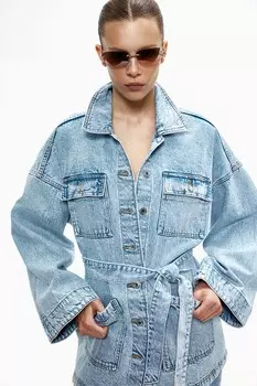 Джинсовая куртка с завязывающимся поясом H&M, голубой