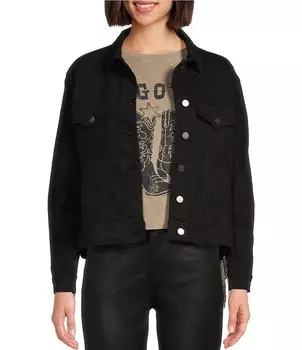 Джинсовая куртка Scully со стразами и бахромой на эластичном воротнике, нагрудном кармане и пуговицах спереди, черный