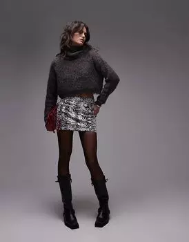 Джинсовая мини-юбка-ламбрекен серого цвета со змеиным принтом Topshop