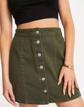 Джинсовая мини-юбка на пуговицах спереди New Look цвета хаки