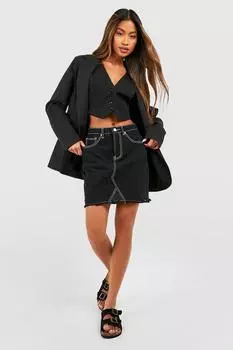Джинсовая мини-юбка с отстрочками Boohoo, черный