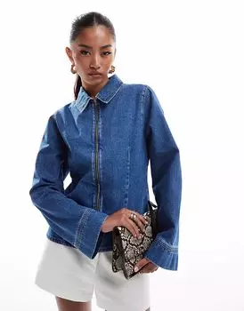 Джинсовая приталенная куртка харрингтон ASOS DESIGN средне-синего цвета