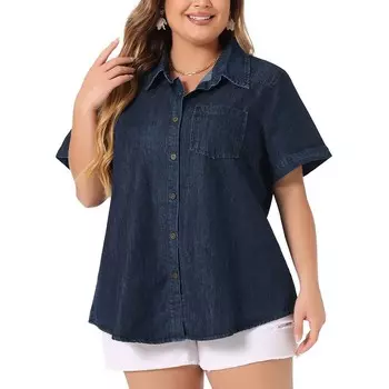 Джинсовая рубашка больших размеров, женские джинсовые рубашки в стиле вестерн, топы на пуговицах с короткими рукавами Agnes Orinda, цвет Black Blue