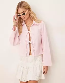 Джинсовая рубашка Gina Tricot с широкими рукавами и завязкой спереди розового цвета