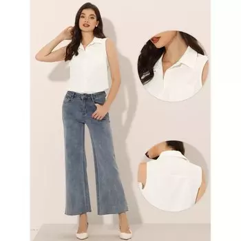 Джинсовая рубашка на пуговицах для женщин. Женская туника без рукавов с V-образным вырезом и лацканами из шамбре. ALLEGRA K, синий