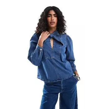 Джинсовая рубашка с бантом на шее, средне-синего цвета ASOS DESIGN