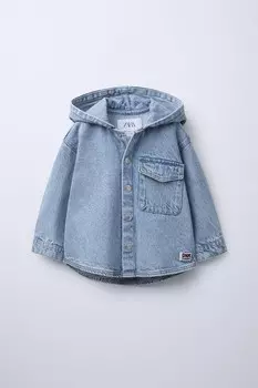 Джинсовая рубашка с капюшоном ZARA, синий