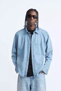 Джинсовая рубашка с карманом ZARA, синий