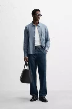 Джинсовая рубашка с карманом ZARA, средне-синий