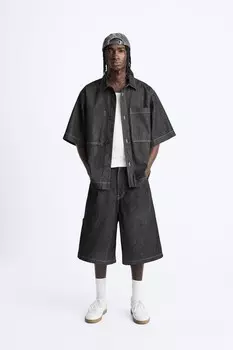 Джинсовая рубашка с контрастной отстрочкой ZARA, черный