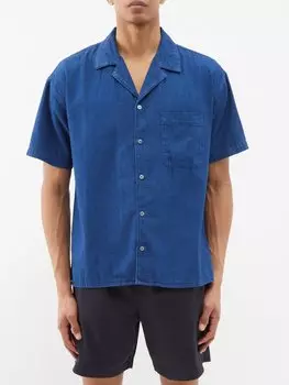 Джинсовая рубашка с кубинским воротником и короткими рукавами FRAME, синий