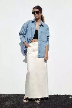 Джинсовая рубашка с накладными карманами ZARA, светло-синий