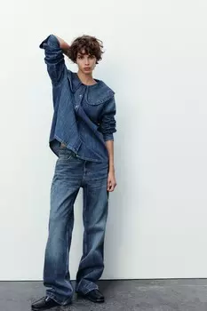 Джинсовая рубашка с воротником питер пэн ZARA, синий