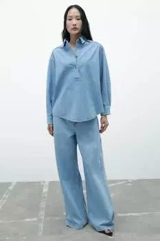 Джинсовая рубашка с воротником поло ZARA, светло-синий