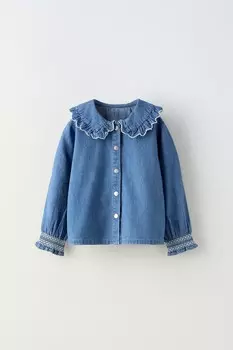 Джинсовая рубашка с вышитым воротником ZARA, средне-синий