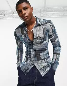 Джинсовая рубашка скинни стрейч с принтом ASOS DESIGN