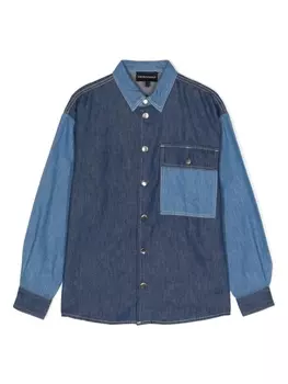 Джинсовая рубашка в стиле колор-блок Emporio Armani Kids, синий