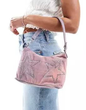 Джинсовая сумка через плечо Bershka – размытого фиолетового цвета со звездами из стразов