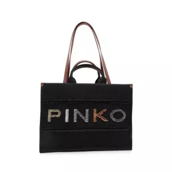 Джинсовая сумка-шоппер с вышивкой логотипа Pinko, черный