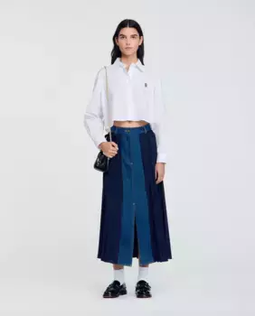 Джинсовая ткань из двух материалов и плиссированная юбка Sandro, темно-синий