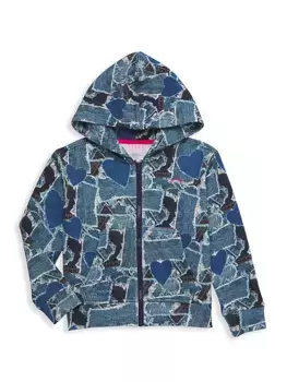 Джинсовая толстовка на молнии с сердечками для маленькой девочки в стиле пэчворк Terez, цвет denim heart patchwork