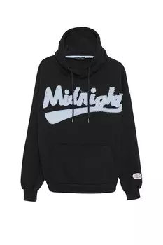 Джинсовая толстовка с капюшоном с принтом Черная QUZU